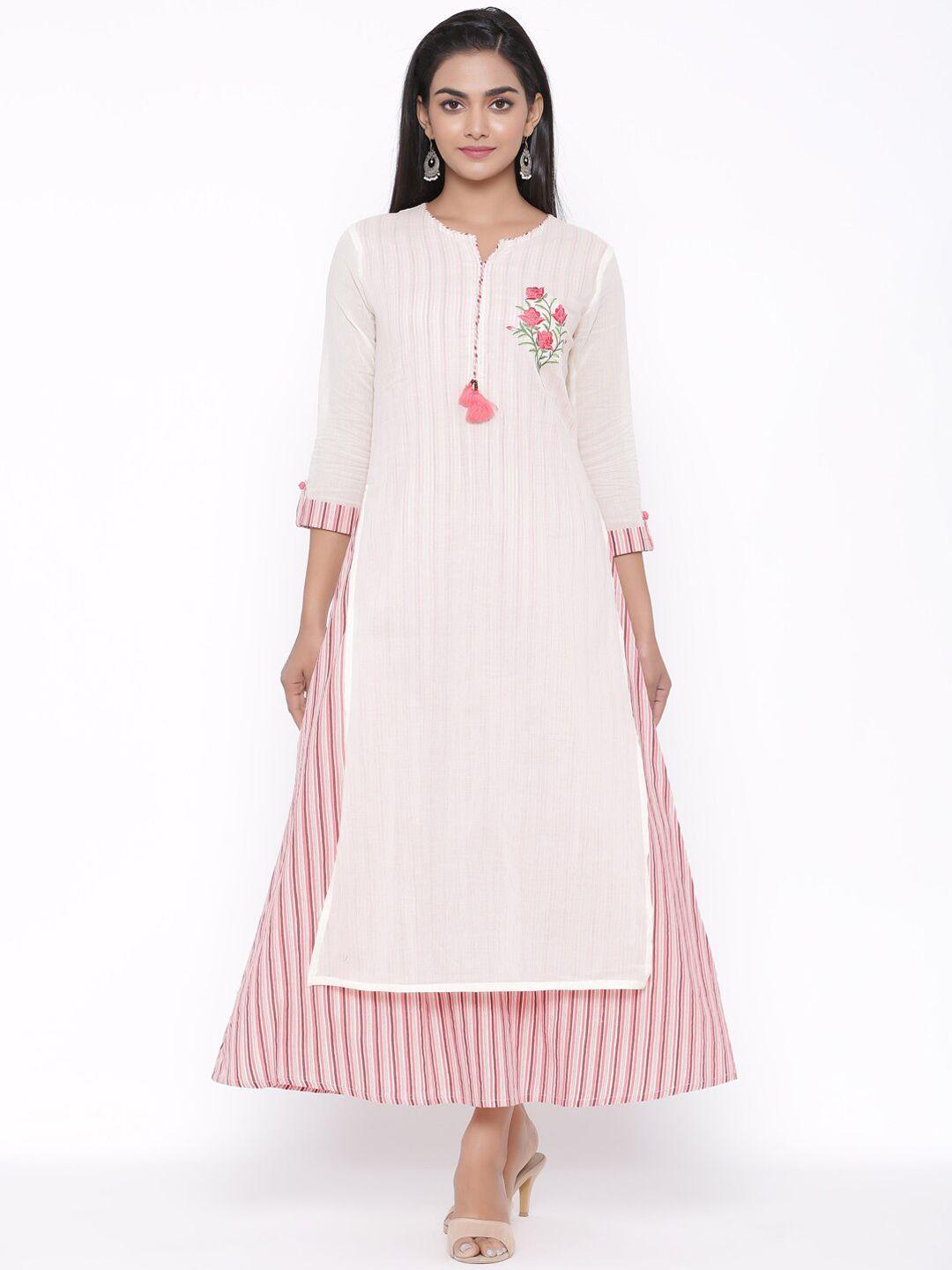 fabglobal beige & pink striped layered ethnic maxi dress