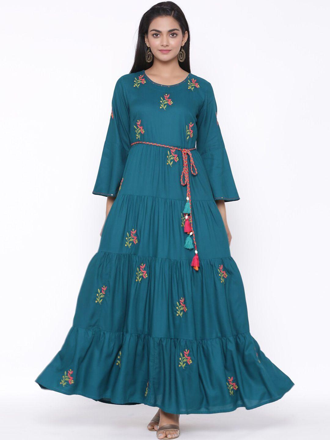 fabglobal teal green floral embroidered ethnic maxi dress