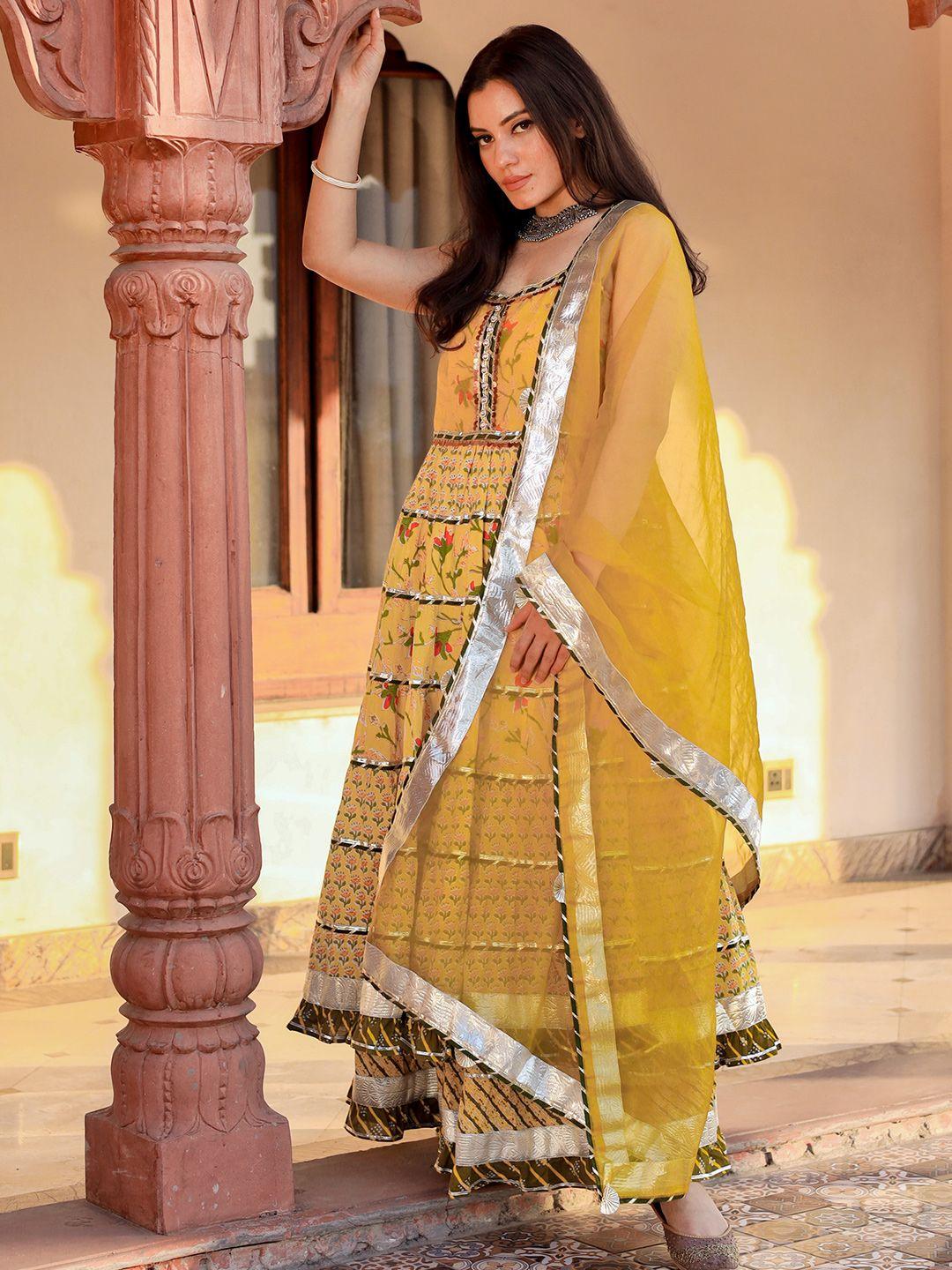 divena women yellow floral embroidered pure cotton kurta with skirt & with dupatta