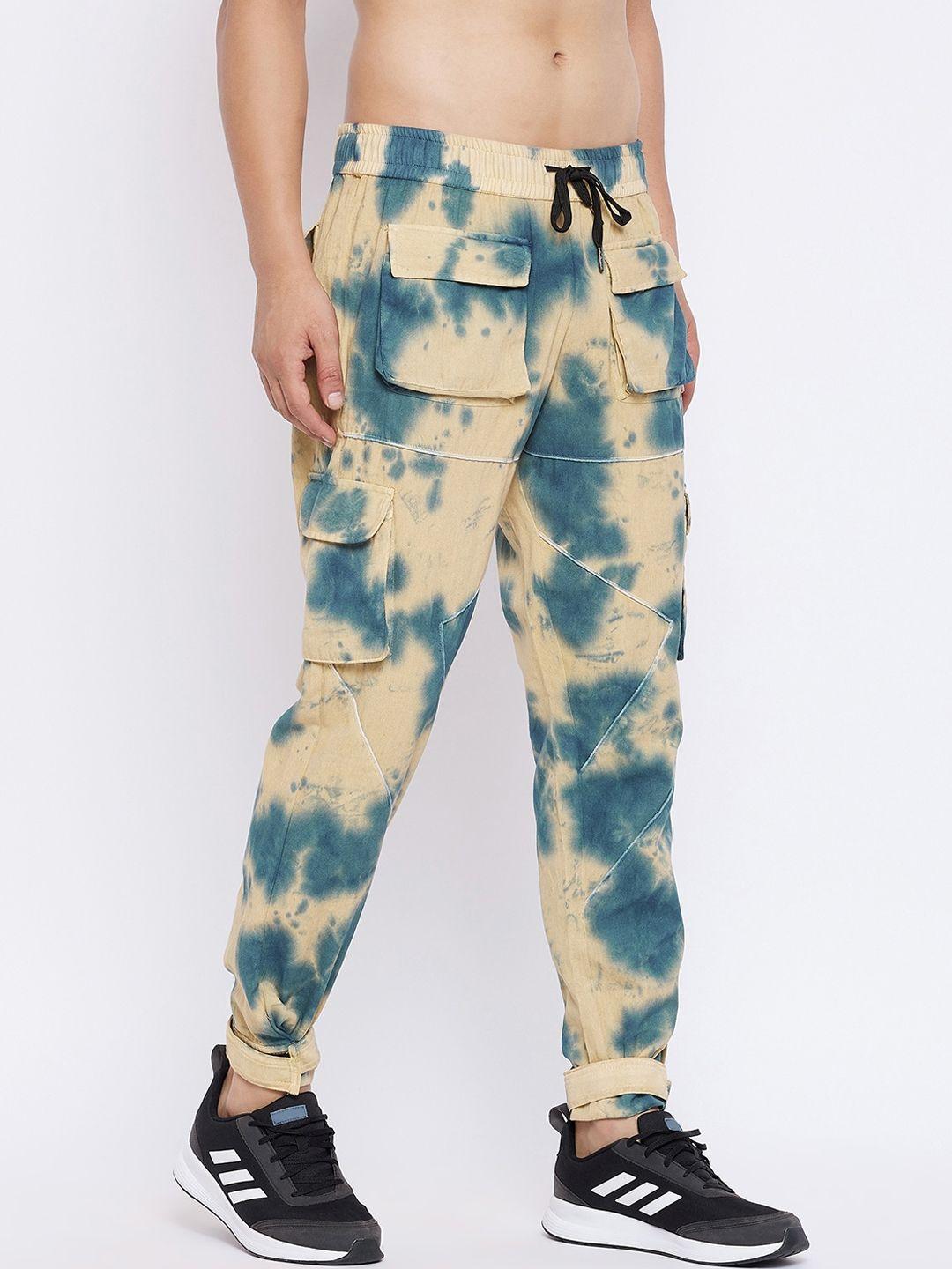 fugazee men yellow & blue tie & dye camo cloud washed piping cargo trackpants