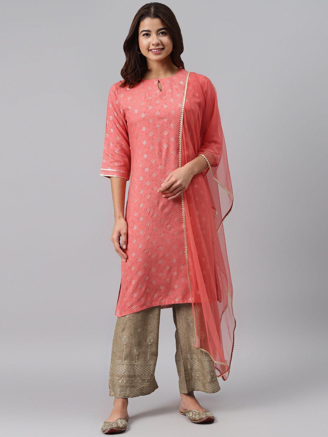 gerua women pink & beige ethnic motifs printed regular kurta with palazzos & dupatta