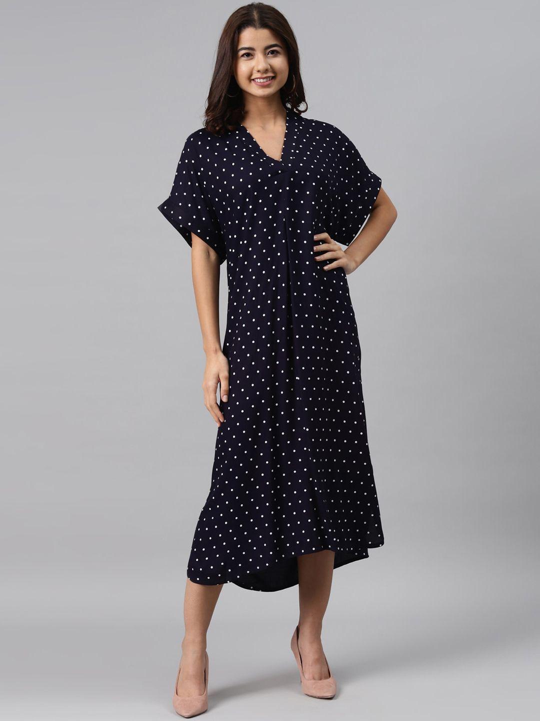 gerua women blue & white polka dot printed a-line midi dress