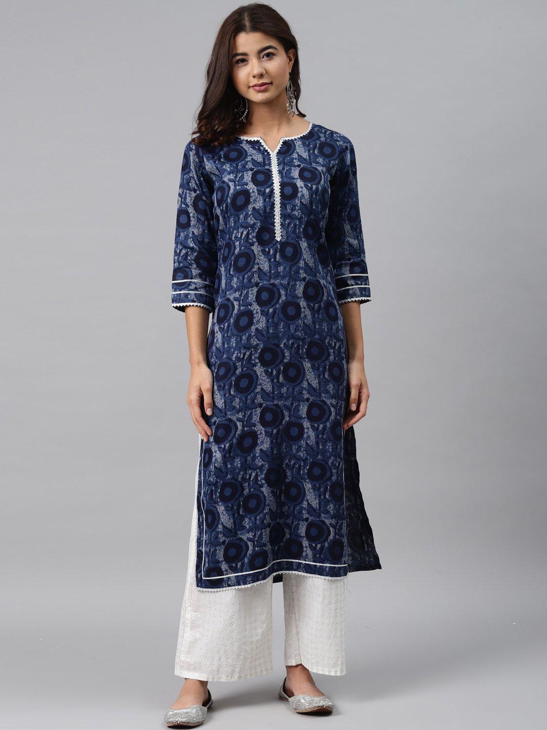 gerua women blue printed keyhole neck thread work kurta