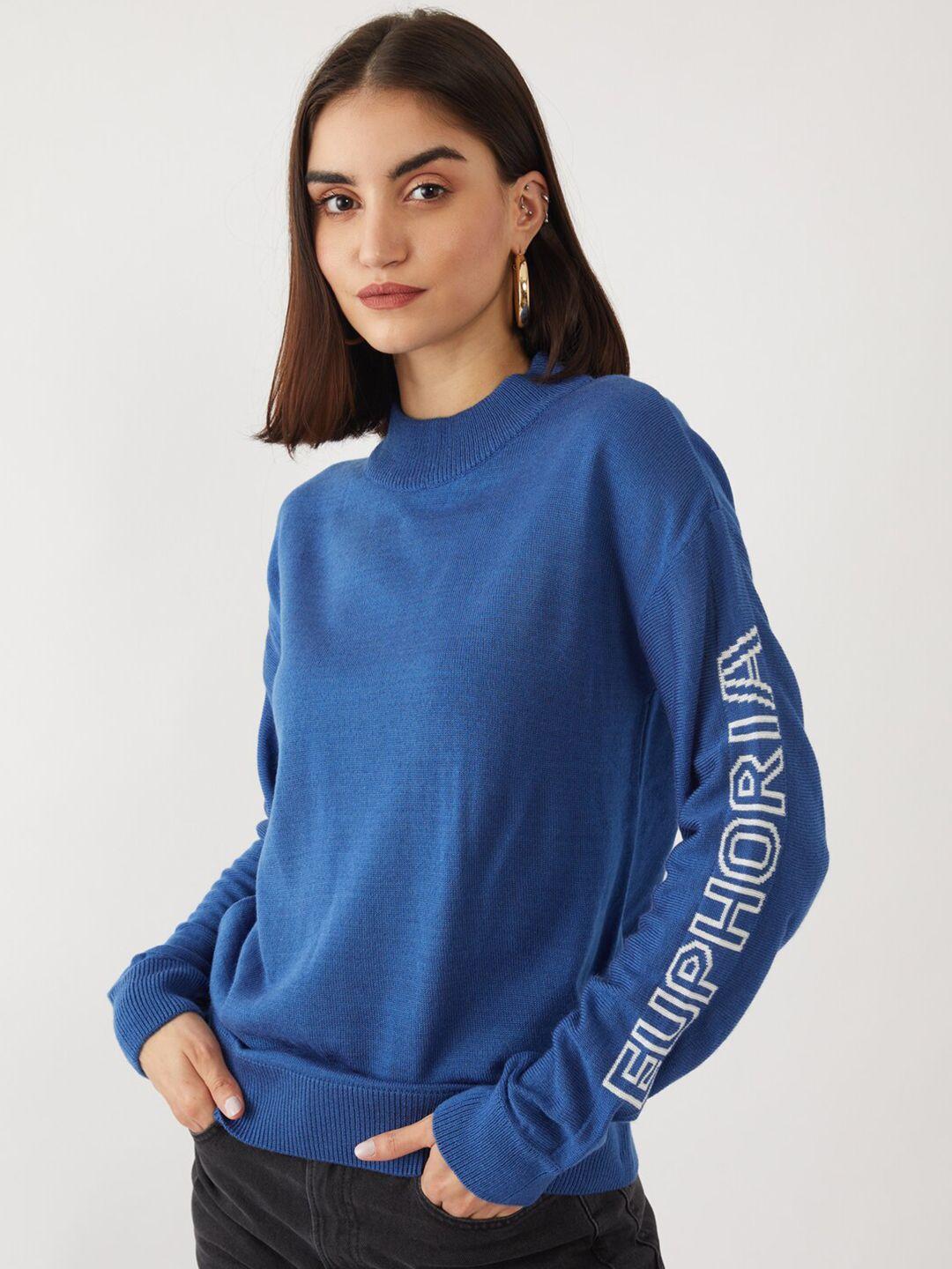 zink london women blue & white typography printed pure acrylic pullover