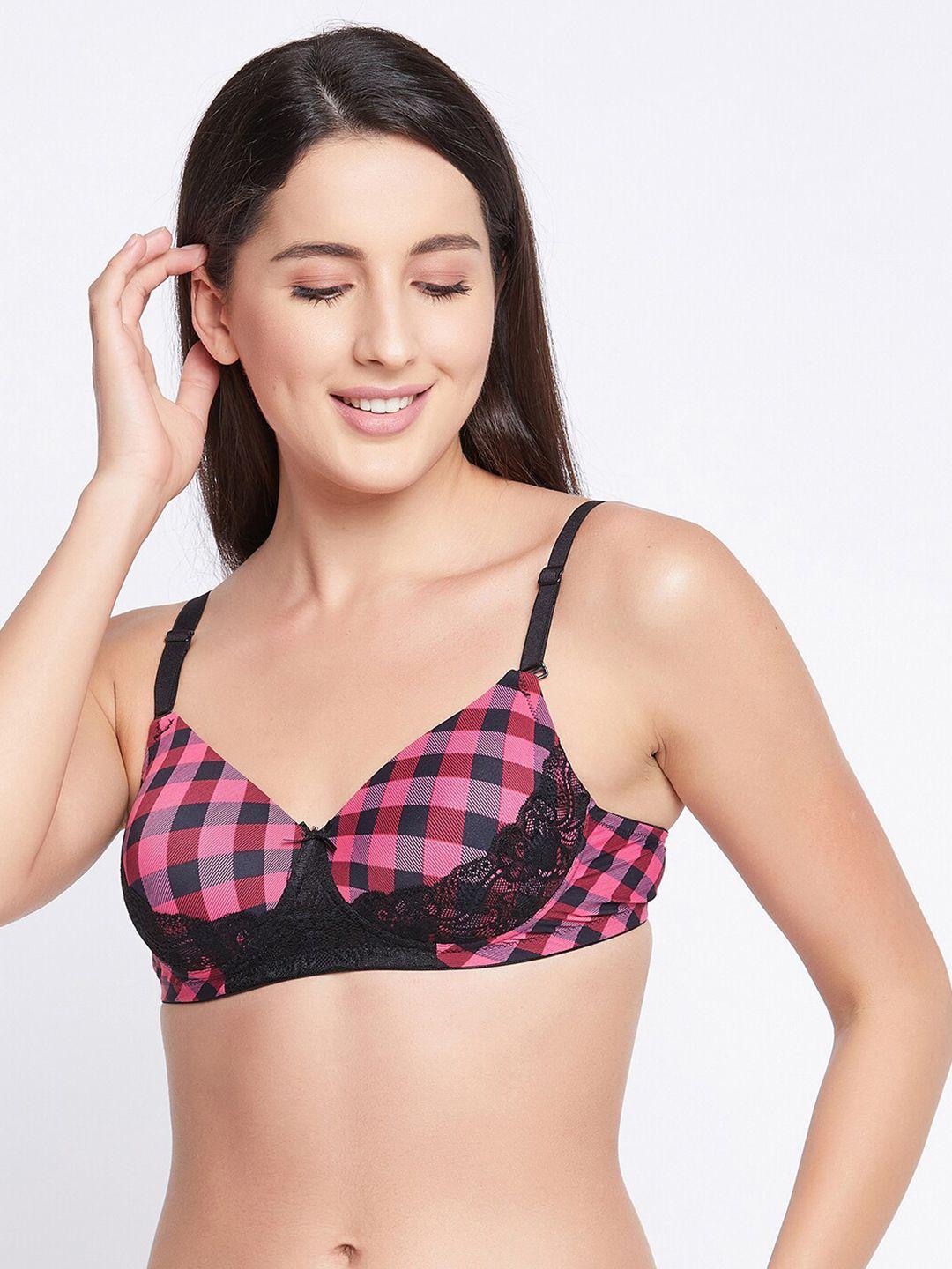 clovia pink & black non-wired full cup checked everyday bra lightly padded