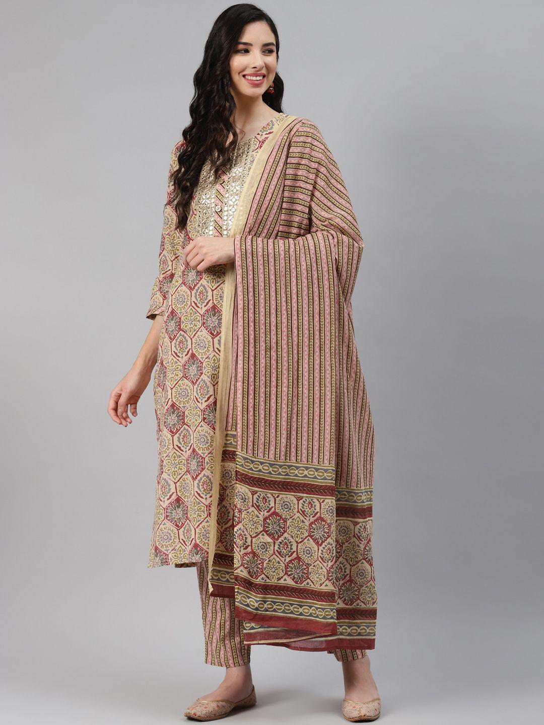 silai bunai women beige ethnic motifs printed regular gotta patti pure cotton kurta set