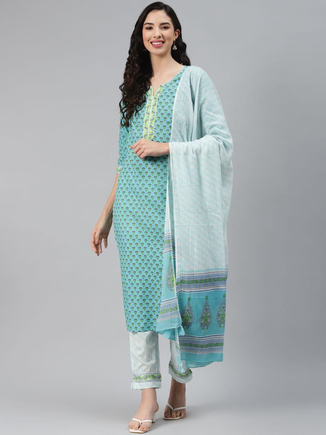 silai bunai women sea green printed regular gotta patti pure cotton kurta with trousers & with dupatta