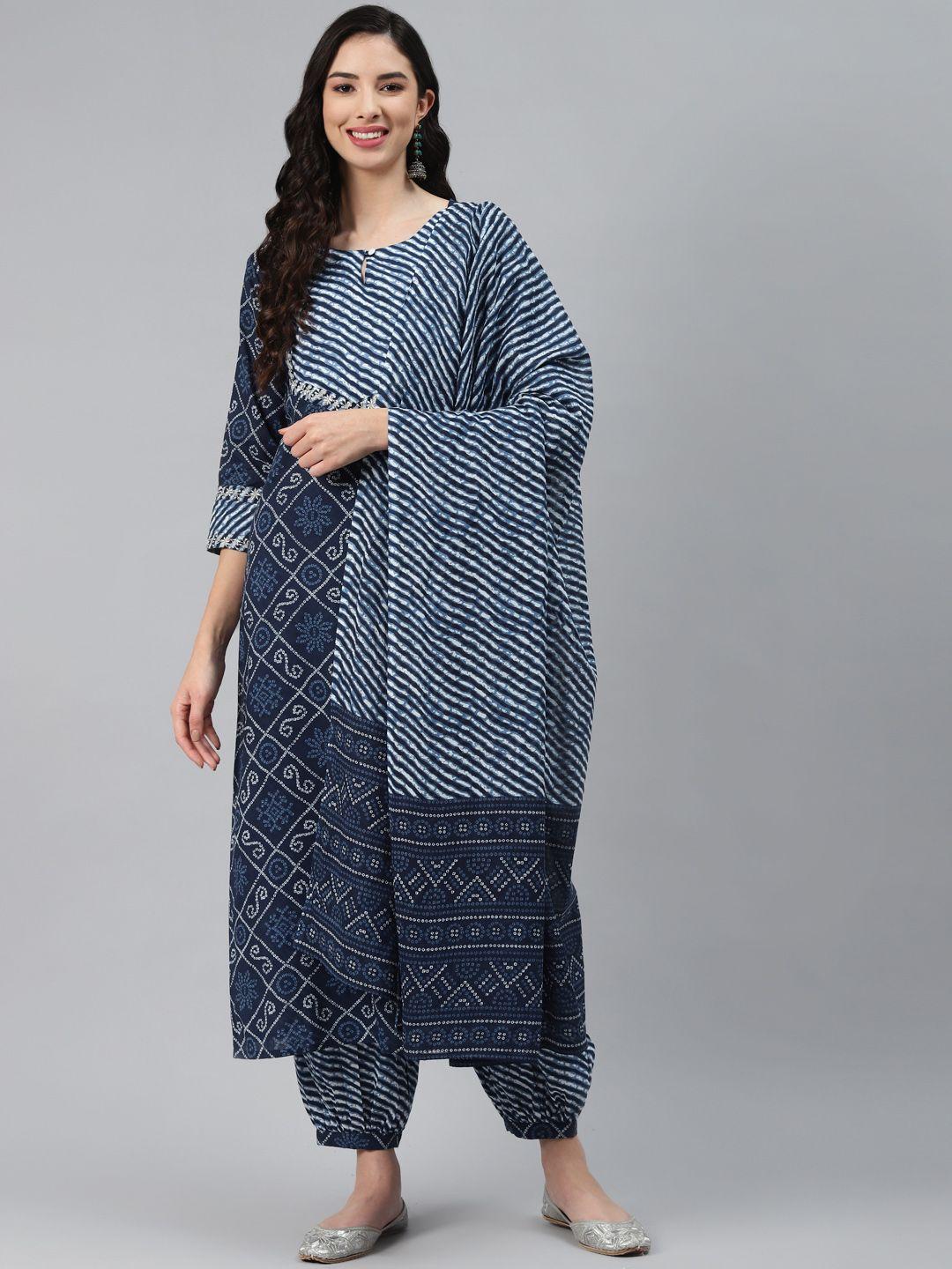 silai bunai women blue regular pure cotton kurta with palazzos & with dupatta