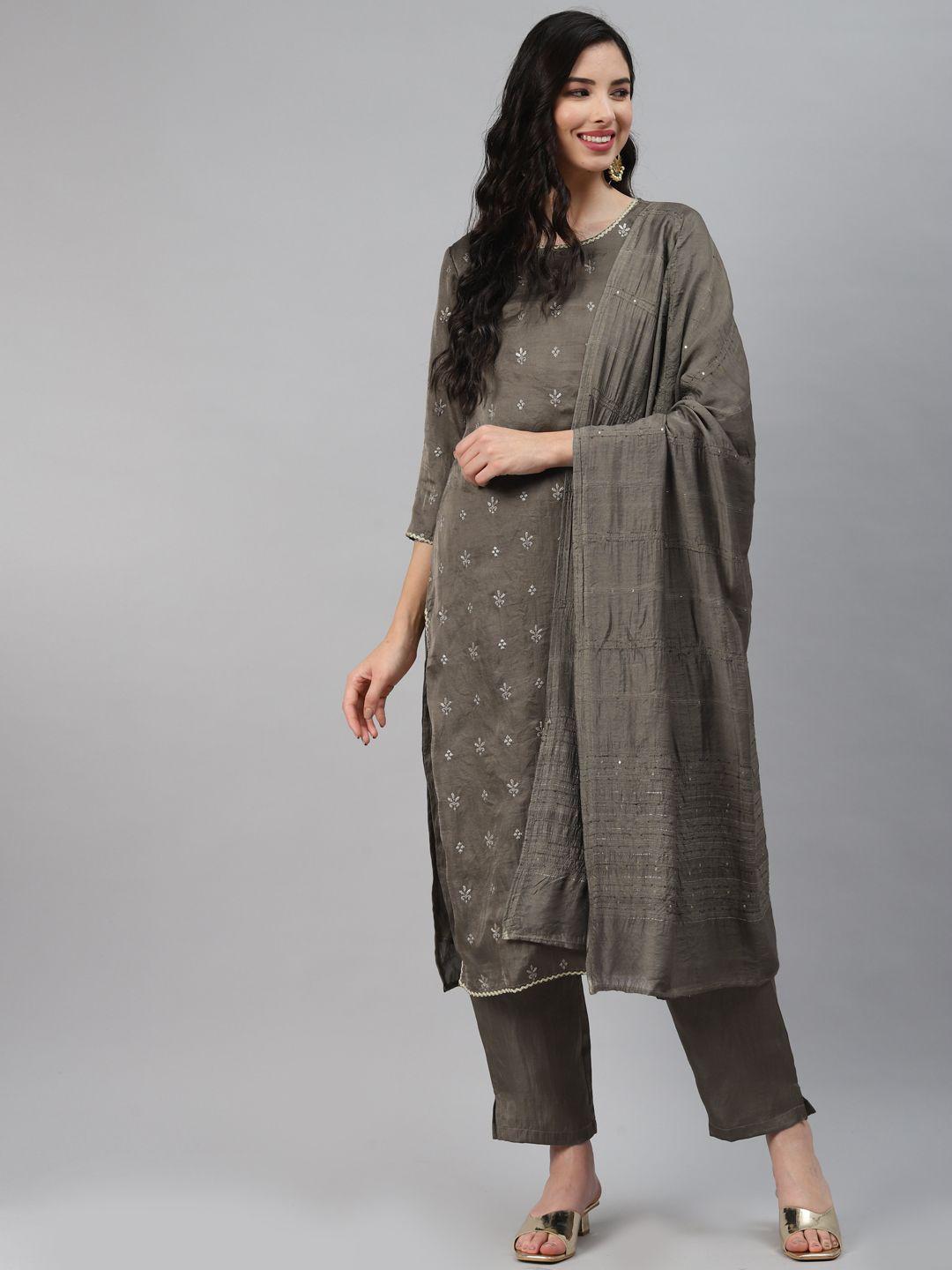 silai bunai women grey printed regular kurta with palazzos & with dupatta