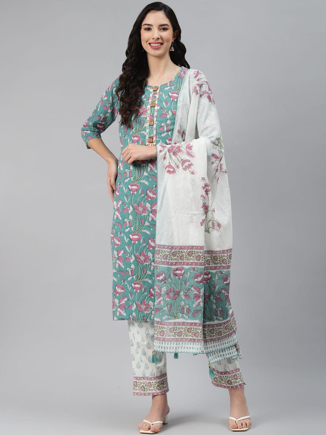 silai bunai women blue floral printed regular pure cotton kurta with trousers & with dupatta