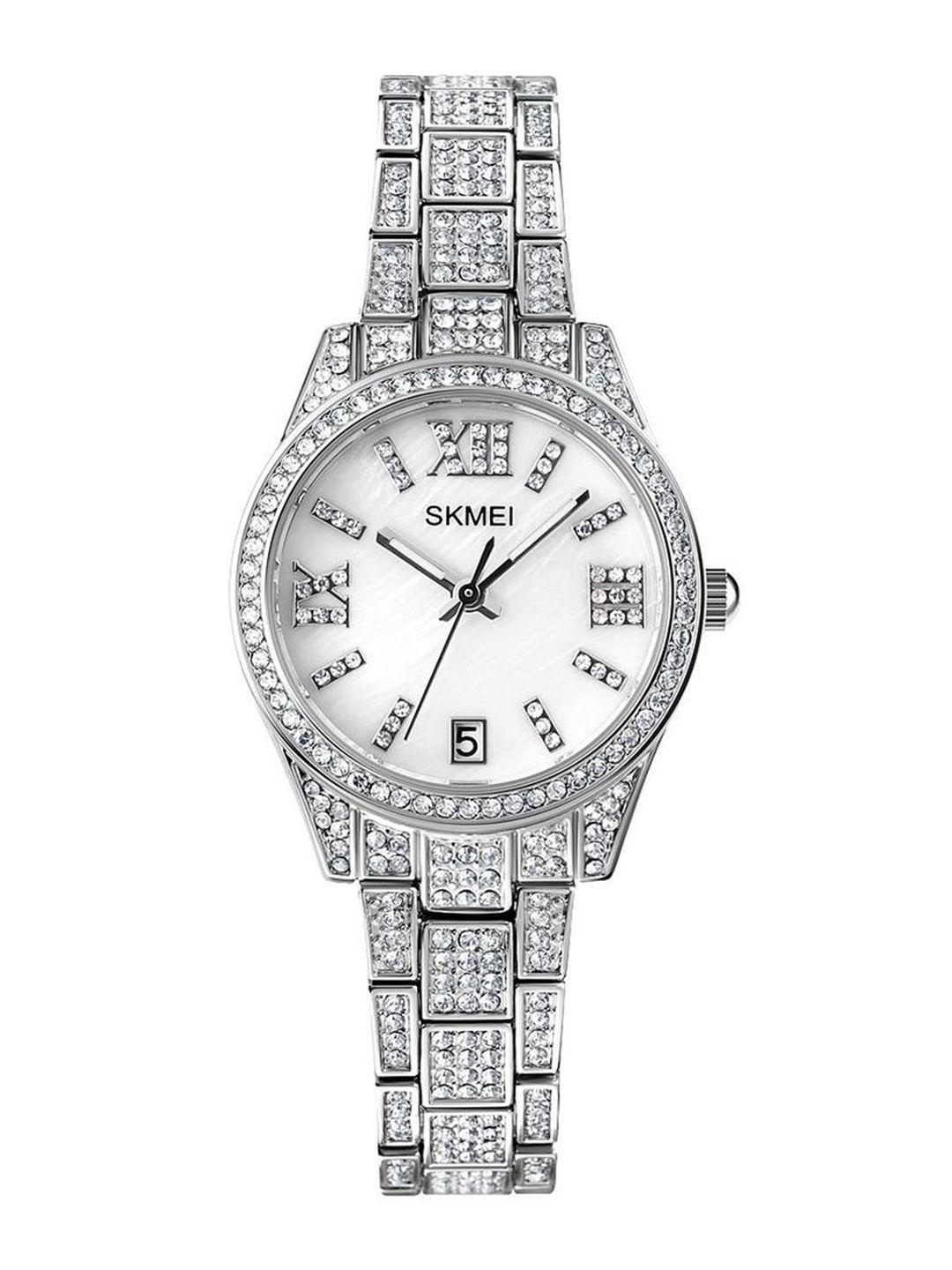 skmei women white embellished dial & silver toned straps analogue watch skmei_1741_silver