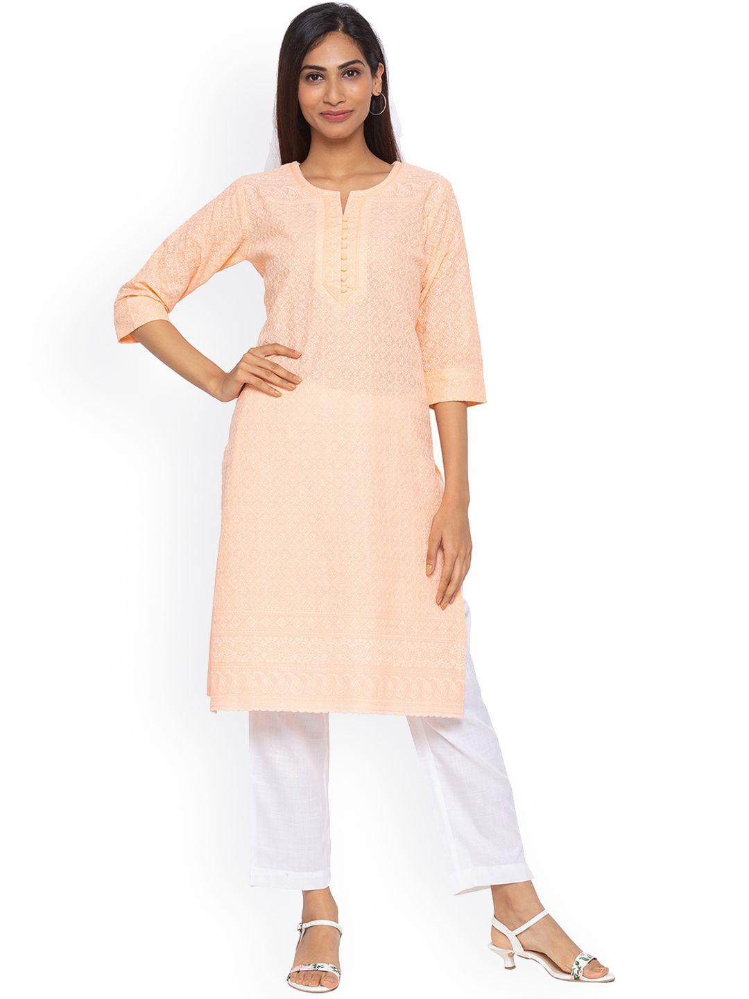 zola women peach-coloured embroidered chikankari kurta