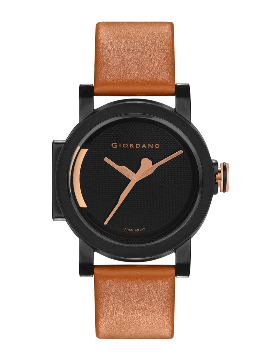 giordano men black brass dial & leather straps analogue watch gd-4063-02