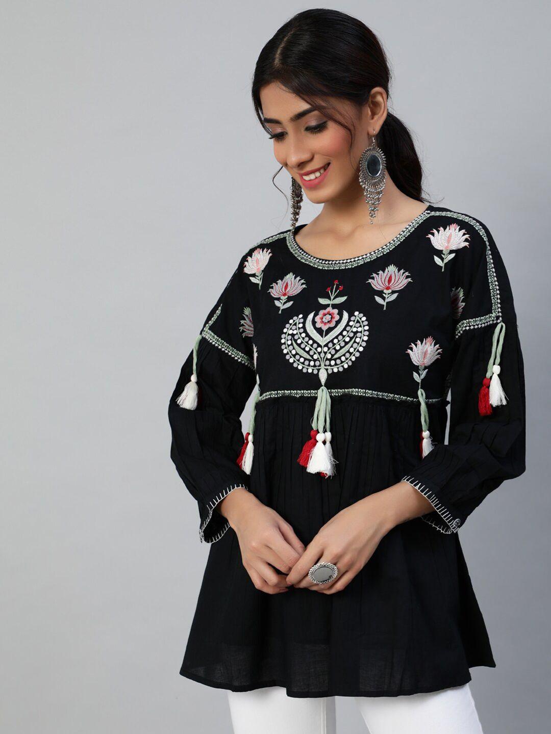 ishin black embroidered a-line longline top