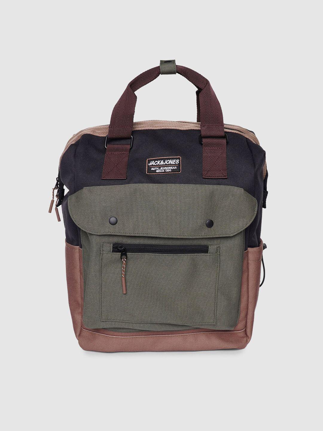 jack & jones men tan brown & olive green colourblocked backpack