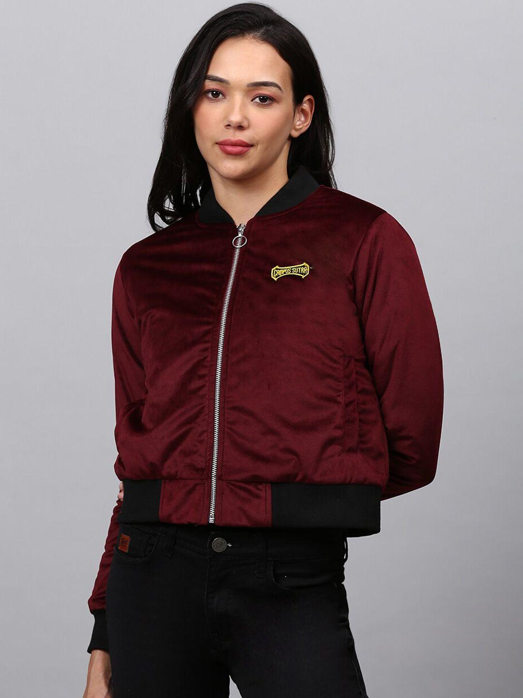 campus sutra women maroon windcheater crop outdoor padded jacket