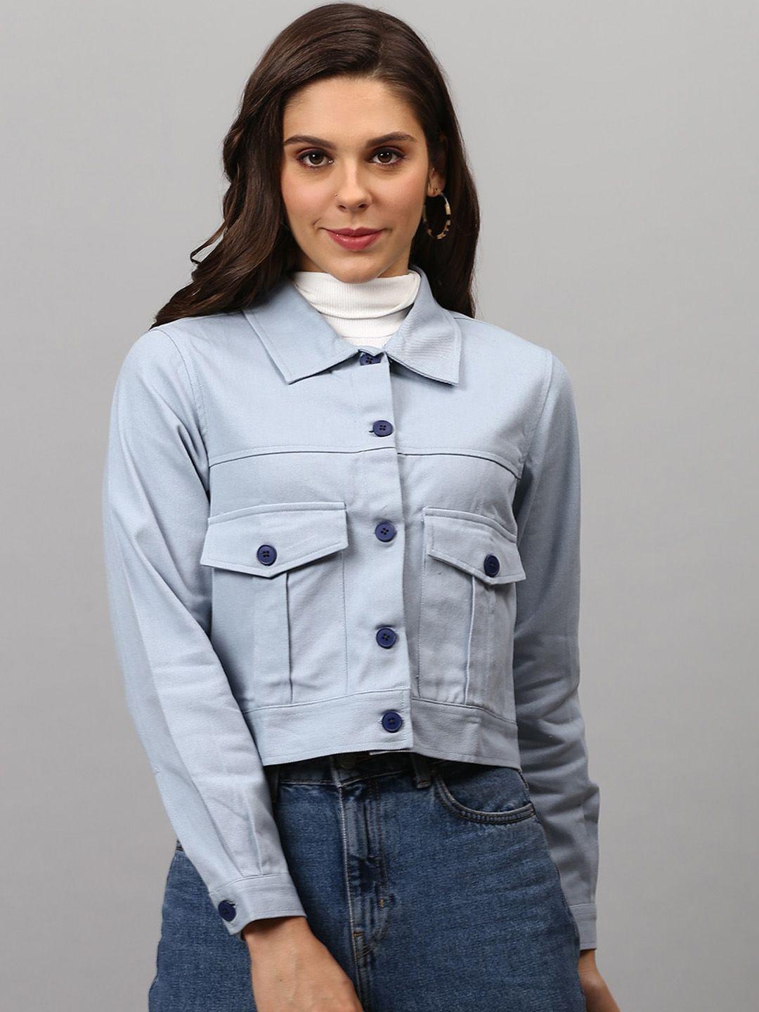 campus sutra women blue washed crop denim jacket