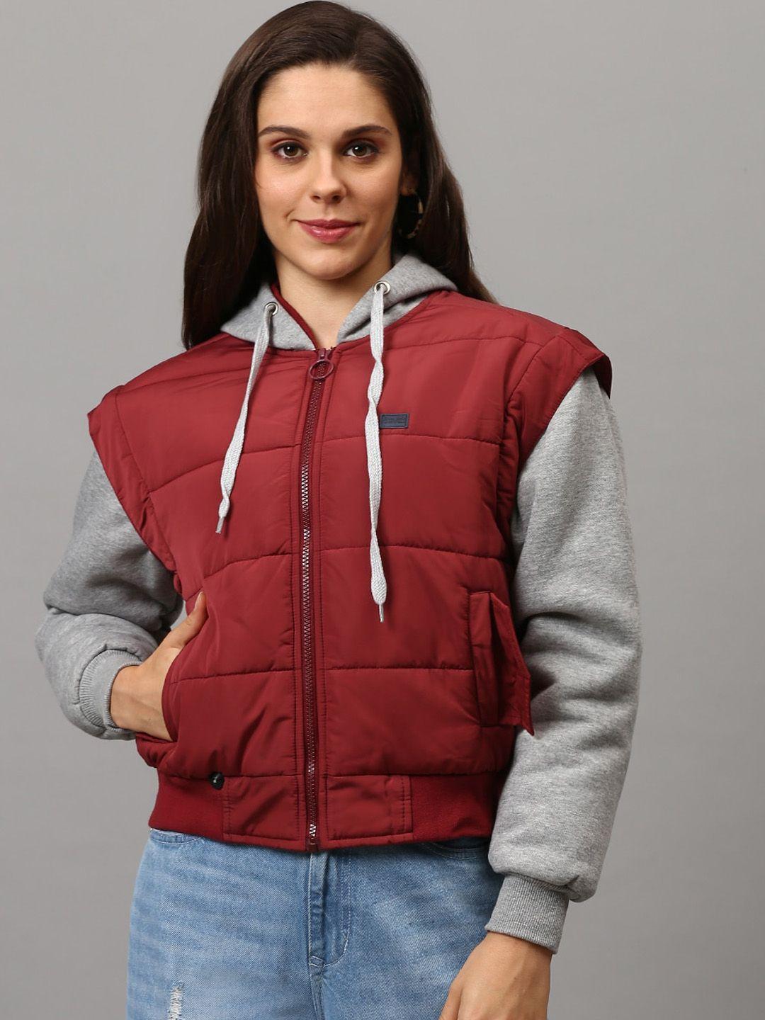 campus sutra women maroon windcheater crop outdoor bomber jacket