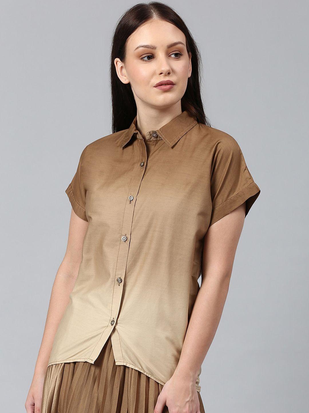 campus sutra women brown & beige ombre classic opaque cotton casual shirt