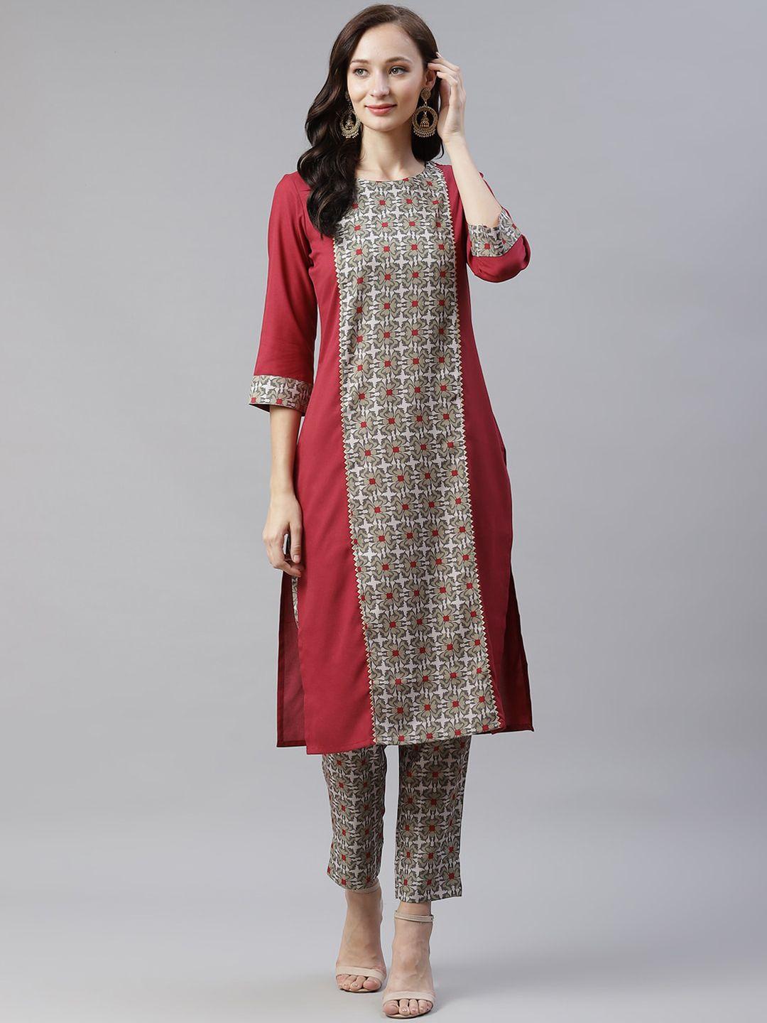 ziyaa women maroon geometric embroidered keyhole neck thread work kurta