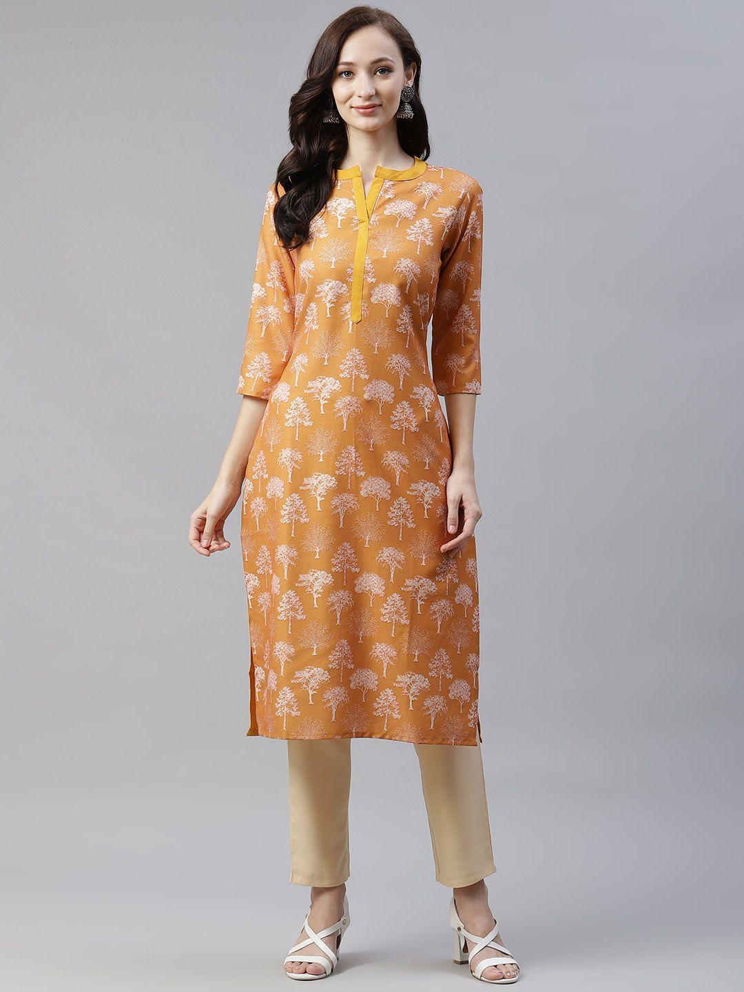 ziyaa women mustard yellow floral printed keyhole neck kurta