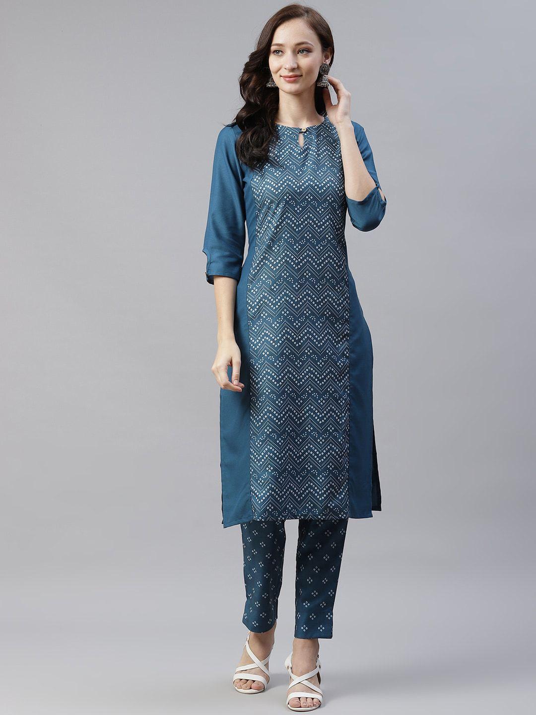 ziyaa women blue geometric printed keyhole neck kurta