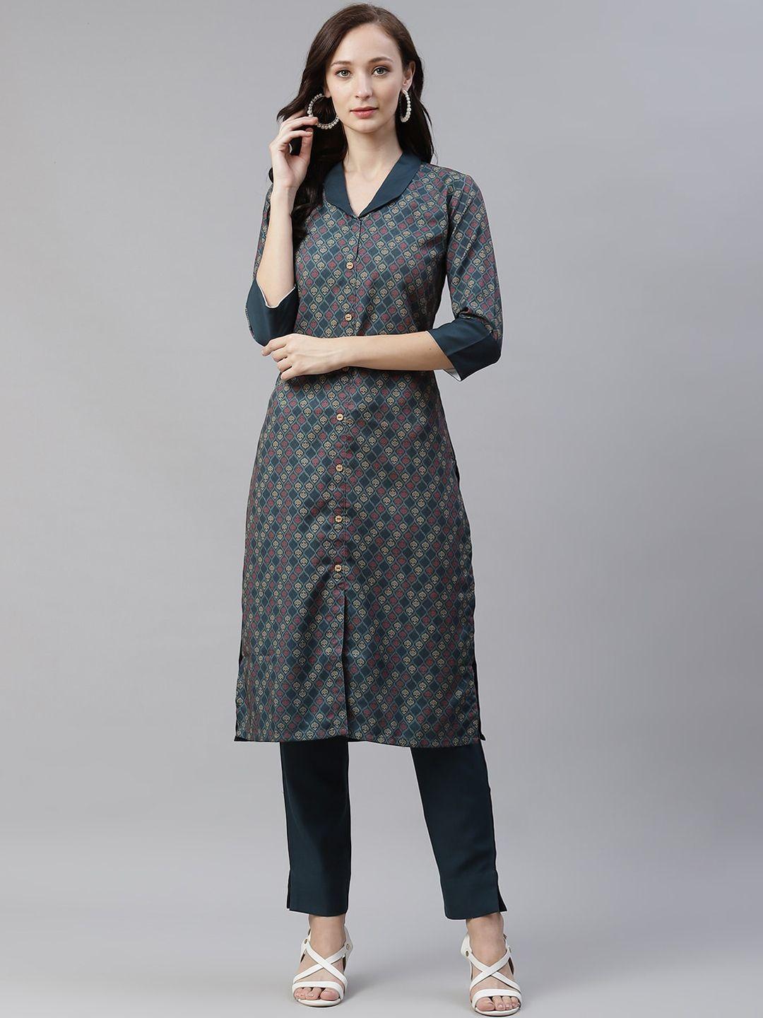 ziyaa women teal geometric printed kurta