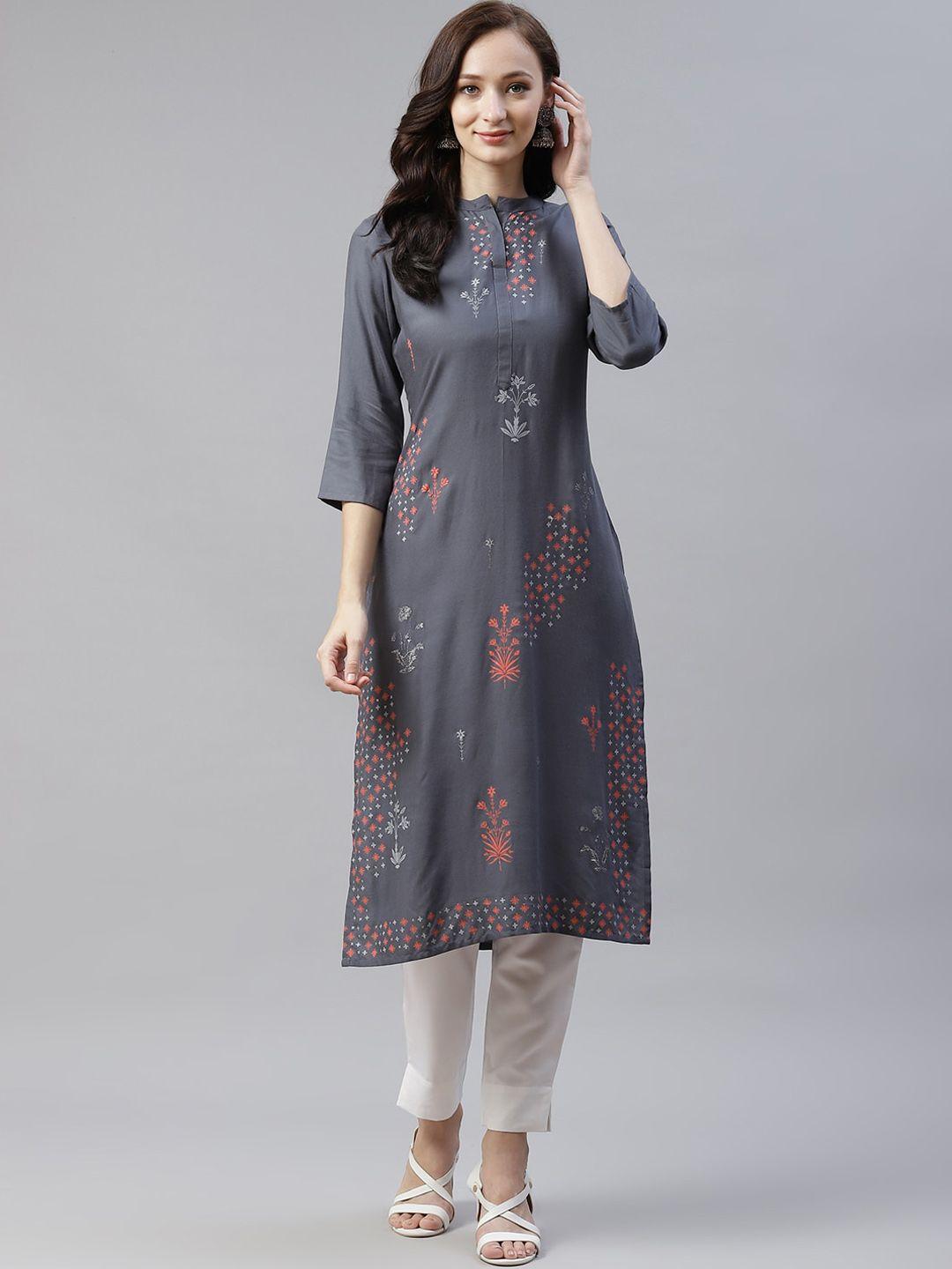 ziyaa women grey floral foil printed straight kurta