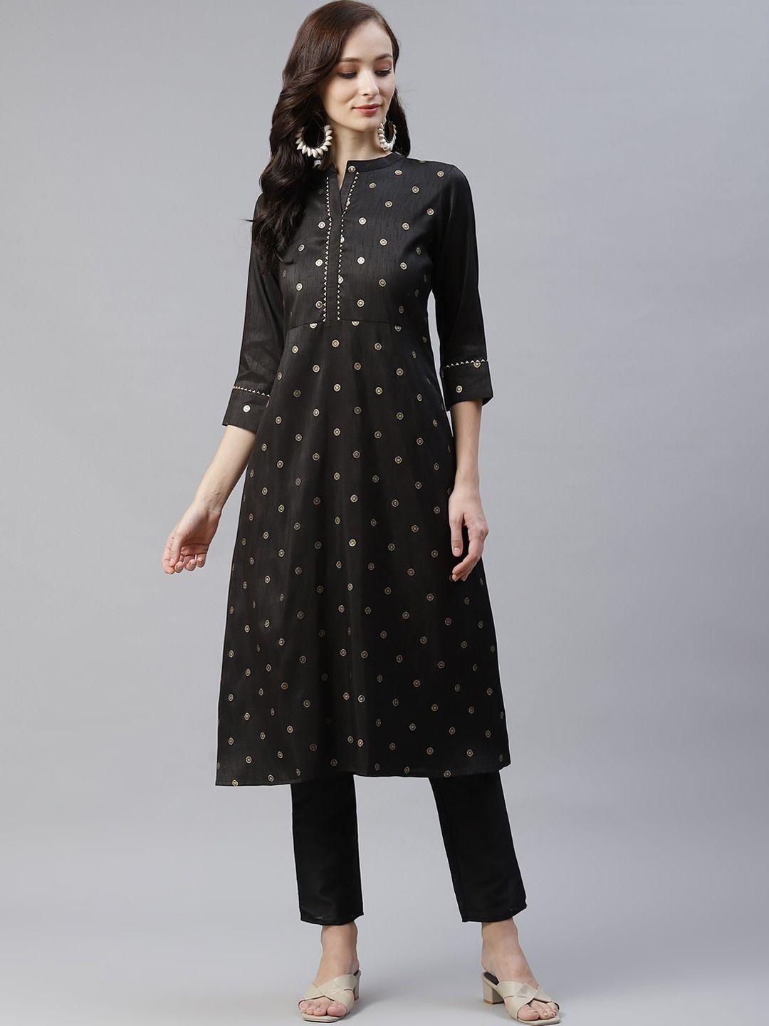 ziyaa women black geometric printed flared sleeves kurta