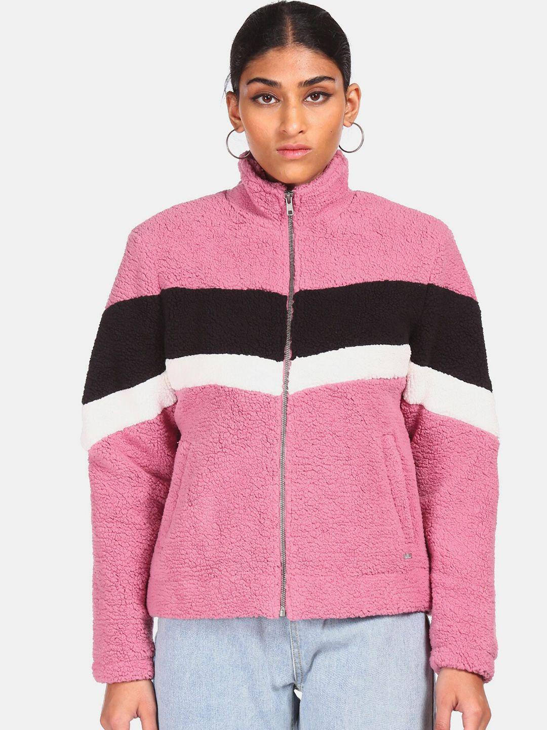 flying machine women pink colourblocked crop tailored jacket