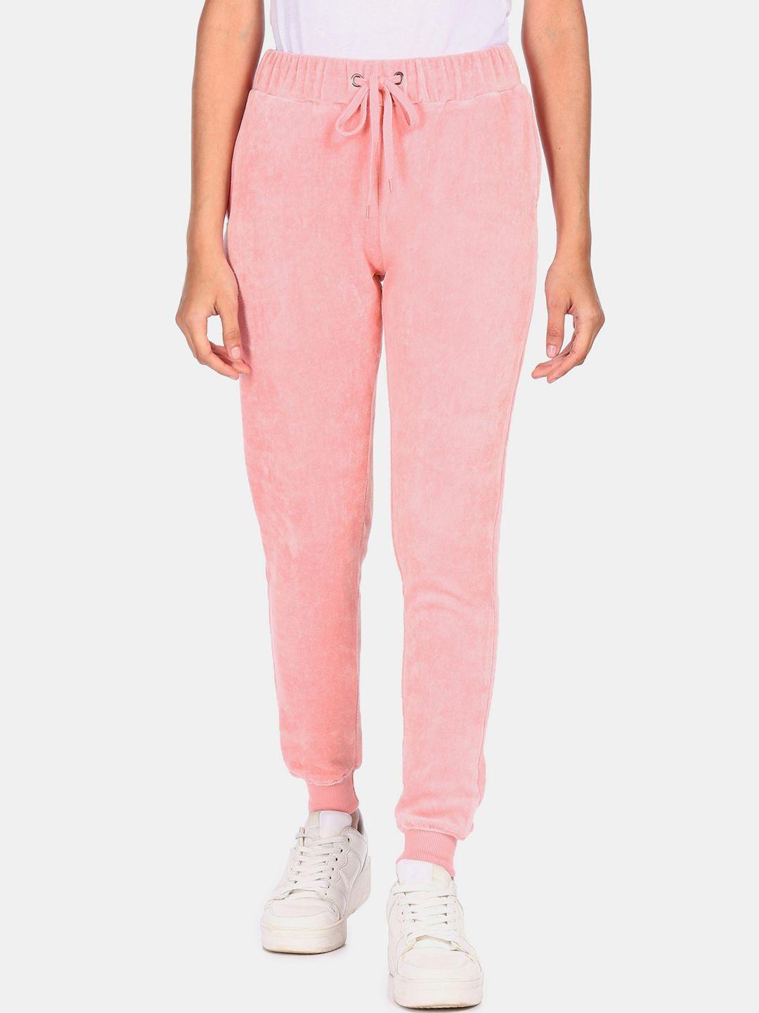 flying machine women pink solid straight-fit pure cotton joggers