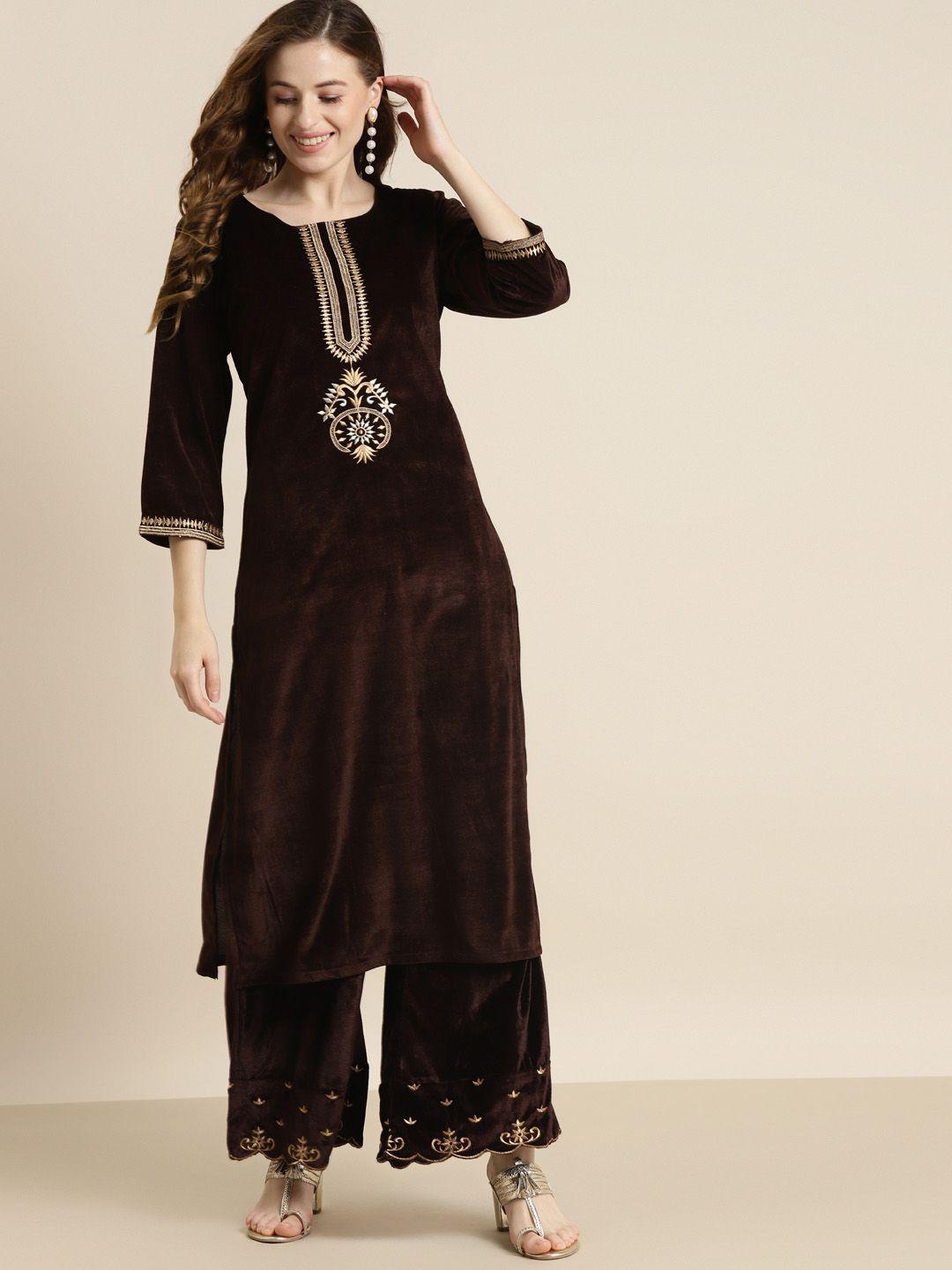 shae by sassafras women brown & gold-toned ethnic motifs embroidered velvet kurta