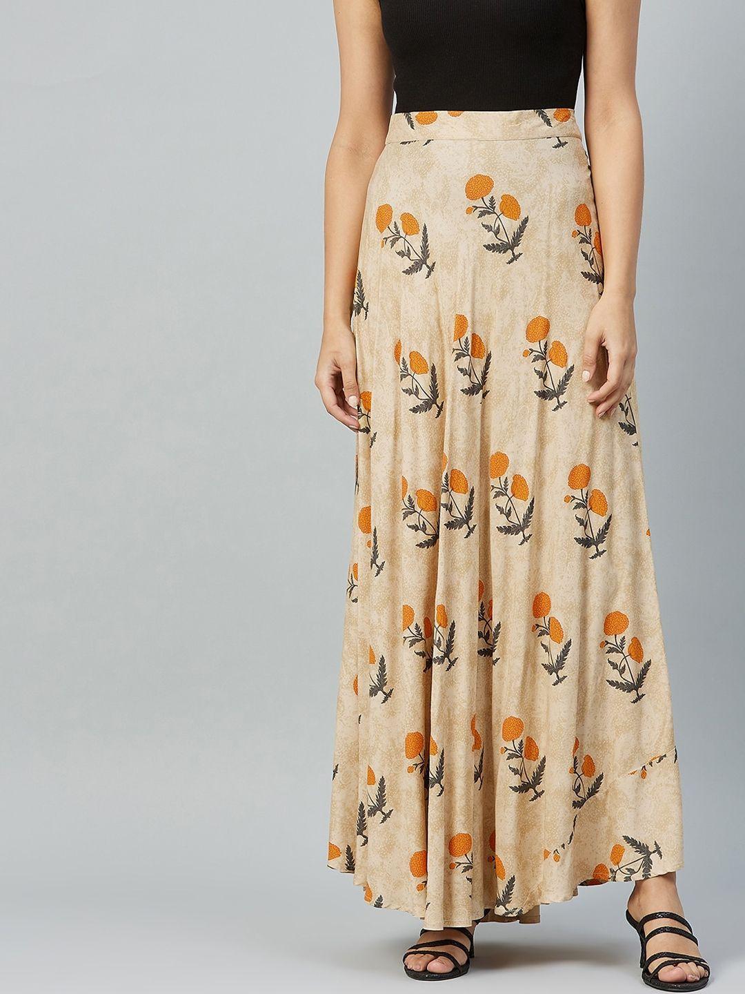 rare women beige & orange floral printed maxi skirt