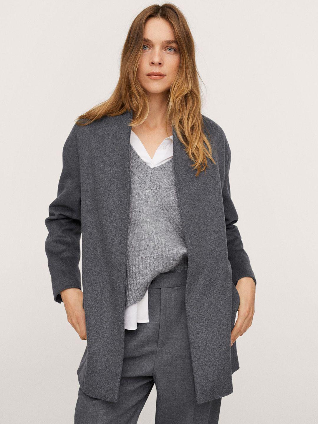 mango women charcoal grey solid regular fit wrap coat with belt