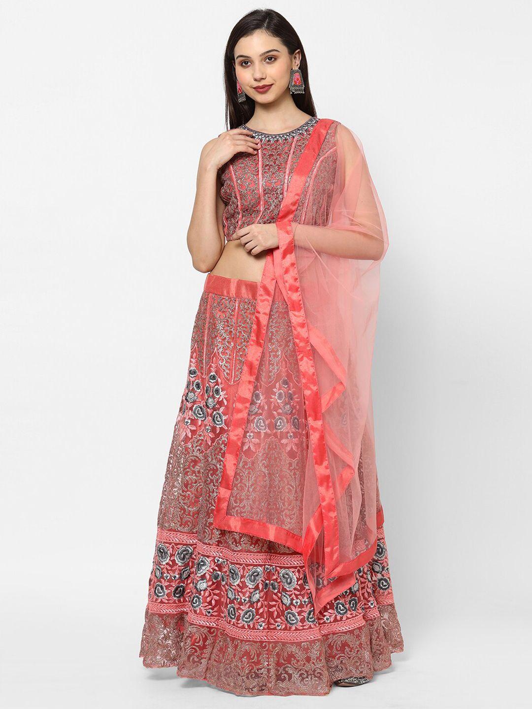 redround pink & grey embroidered thread work semi-stitched lehenga & unstitched blouse with dupatta