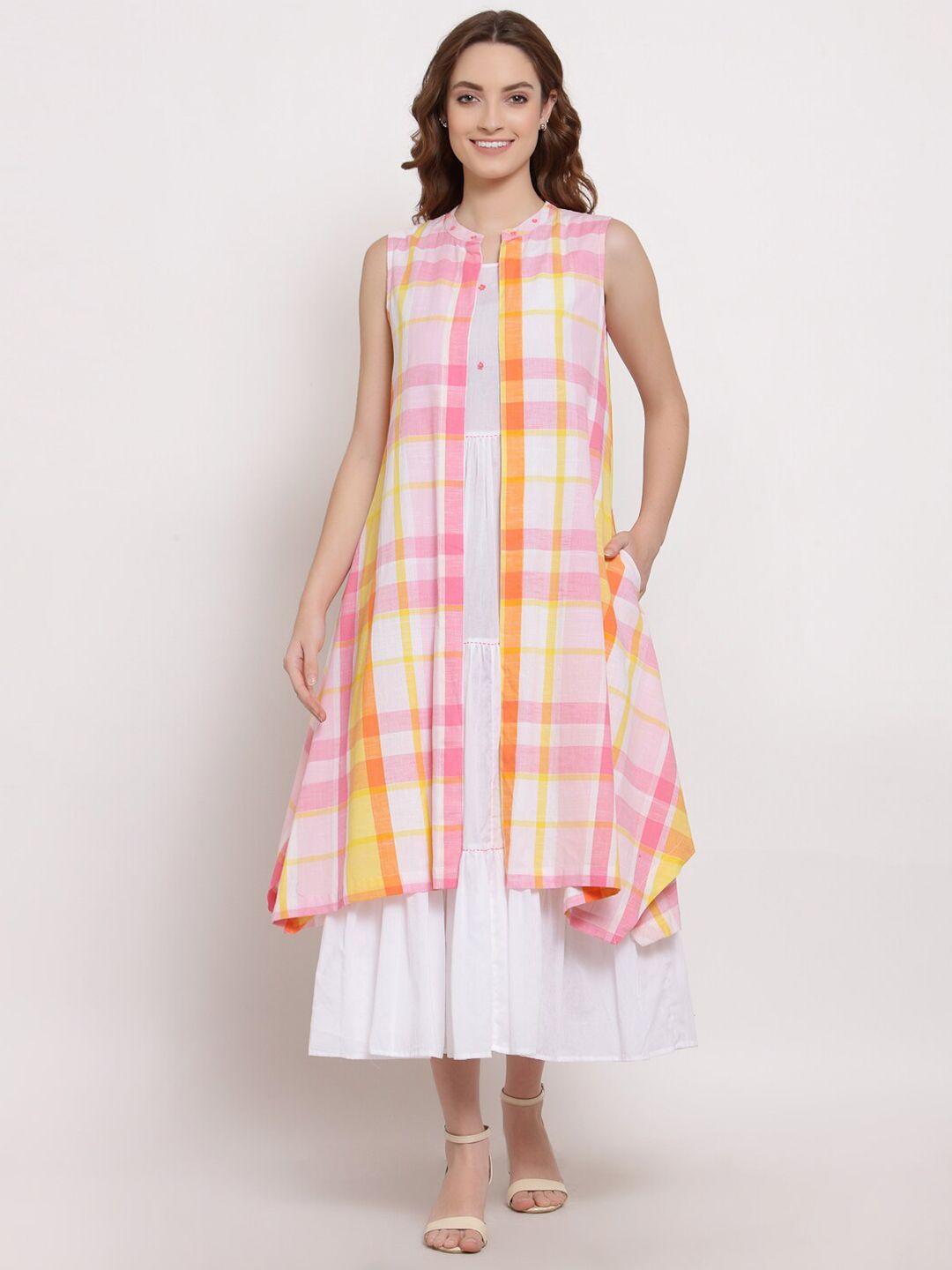 terquois pink & white checked layered a-line midi dress