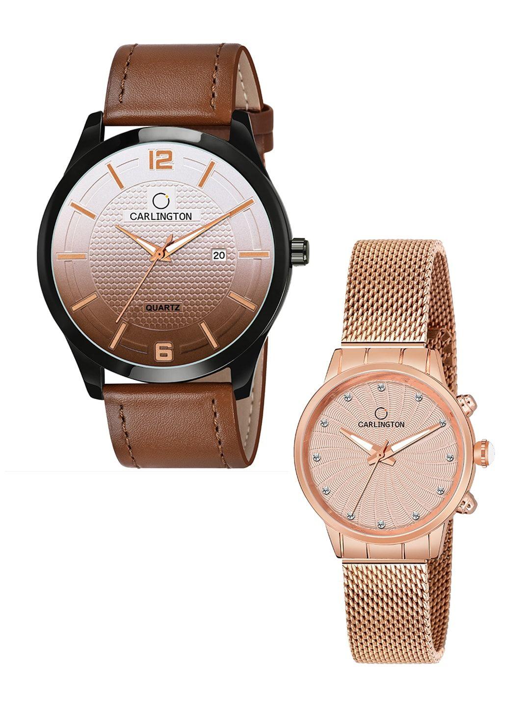 carlington unisex tan & rose gold set of his & her analogue watch set