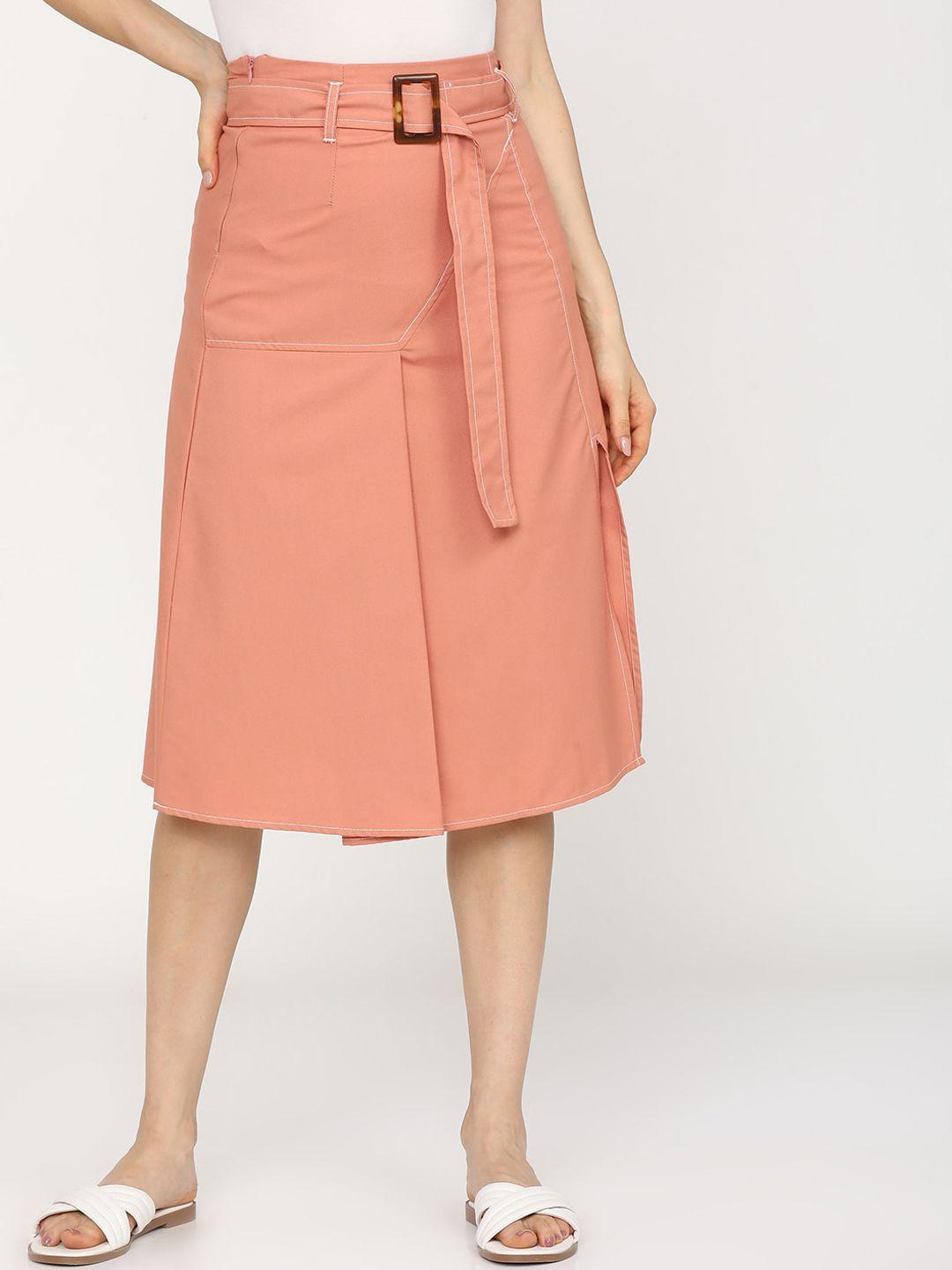 tokyo talkies women orange solid panelled casual-fit midi skirt