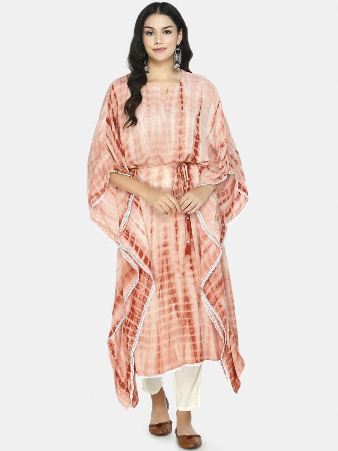 desinoor com women peach-coloured tie dye kaftan kurta with trousers