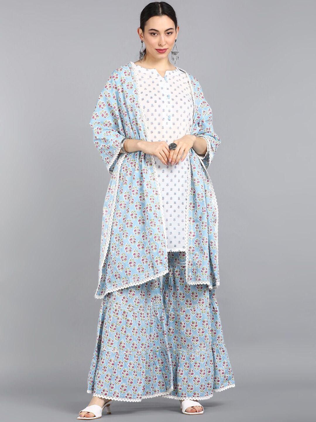 ahika white & blue ethnic motifs printed pure cotton kurta with palazzos & dupatta