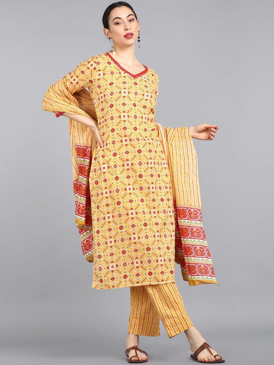 ahika women yellow & pink ethnic motifs printed pure cotton kurta with trousers & dupatta