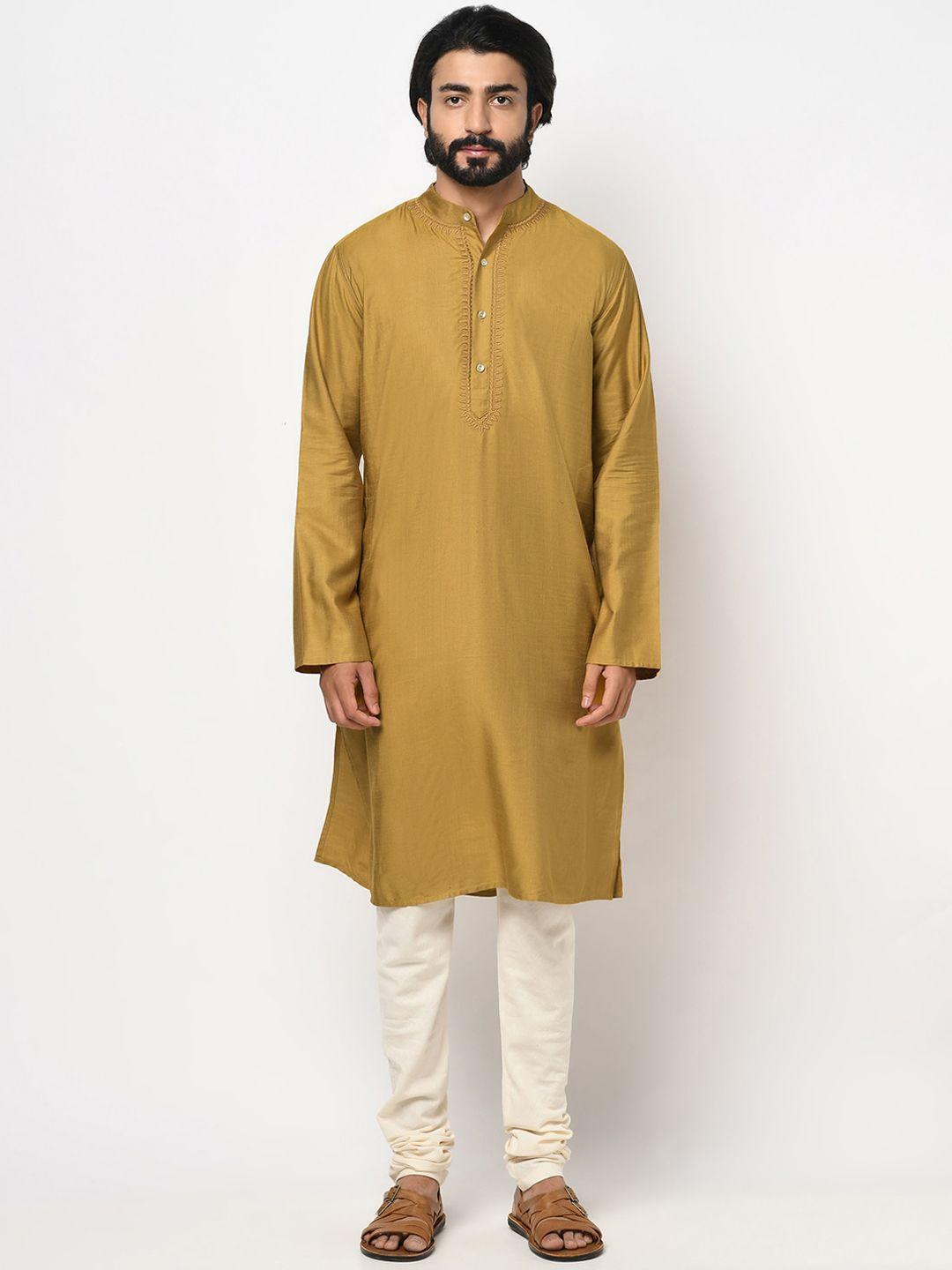 fabindia men mustard yellow thread work mandarin collar straight kurta