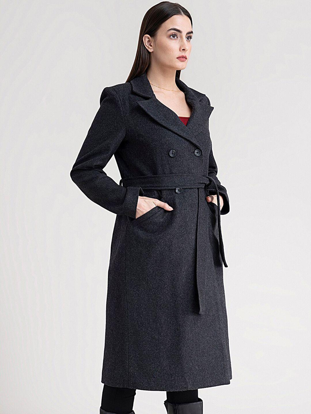 fablestreet women black solid slim-fit double-breasted overcoat