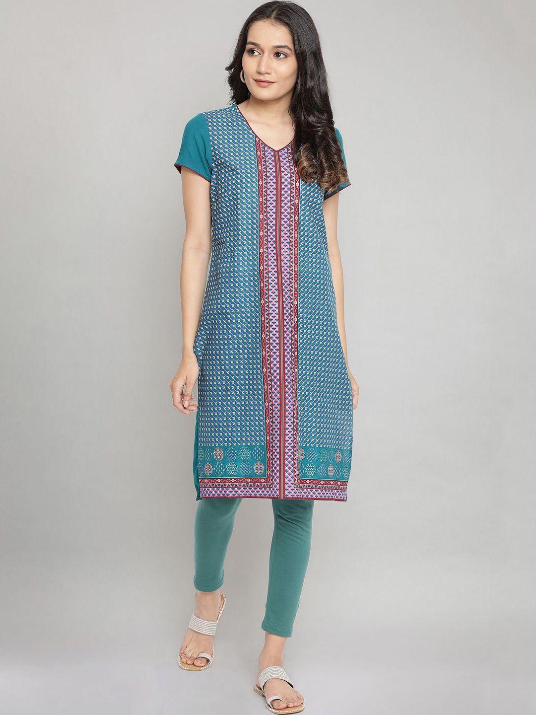 aurelia women green geometric printed pure cotton kurta