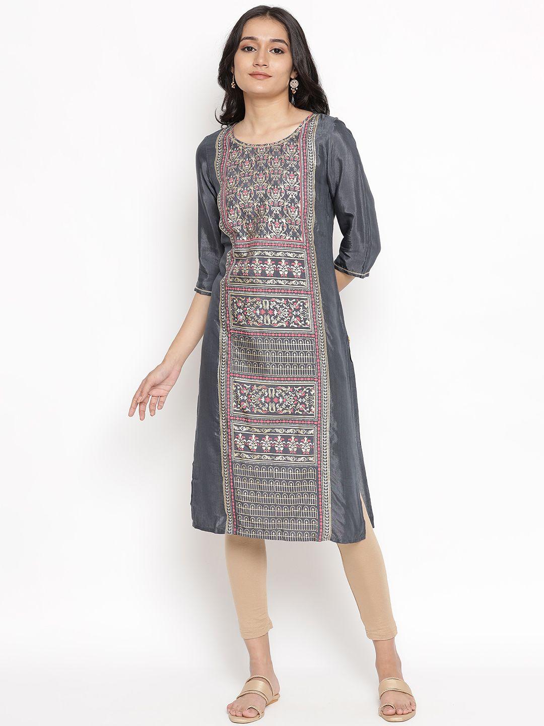 aurelia women grey & gold-coloured ethnic motifs printed kurta