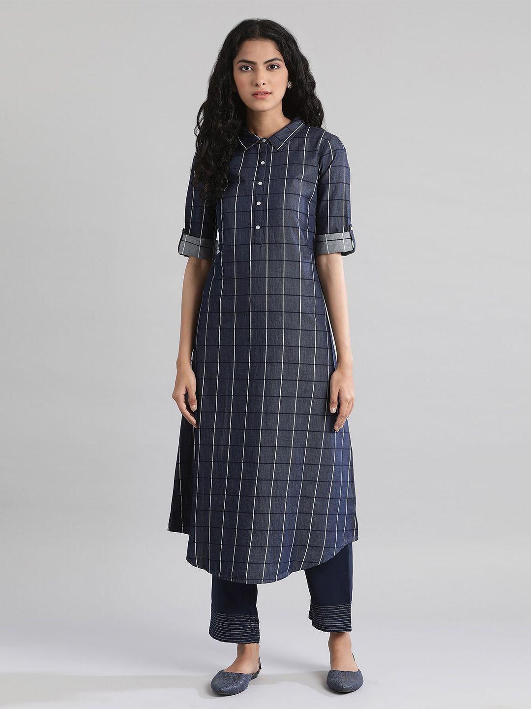 aurelia women navy blue & white printed pure cotton kurta