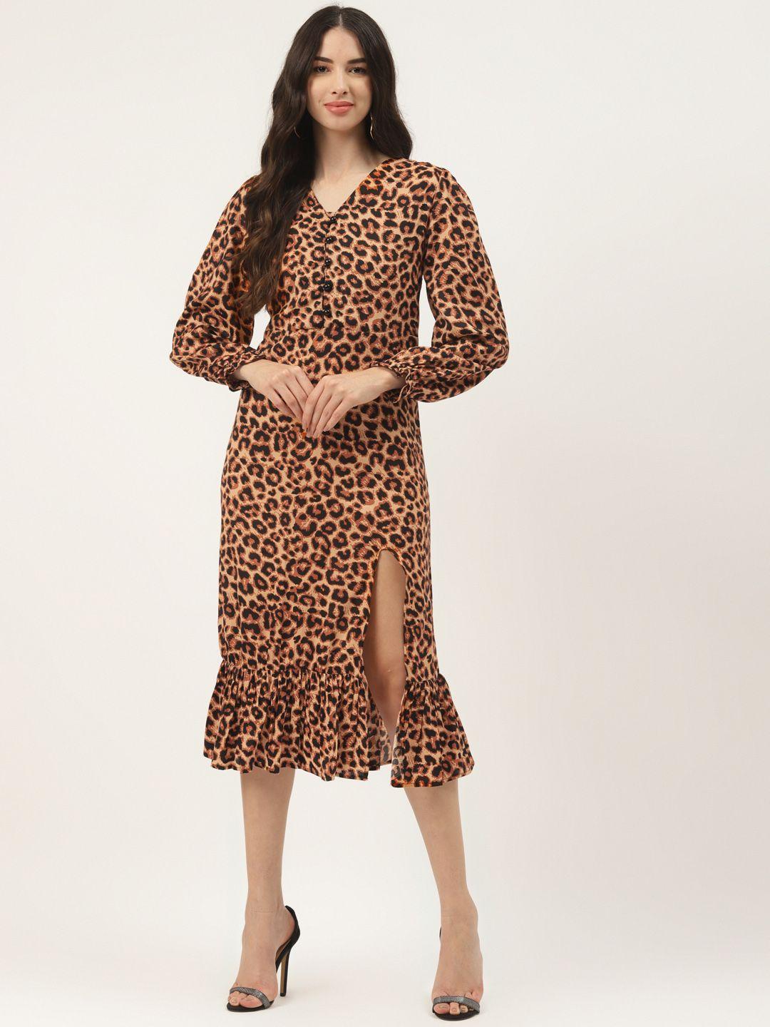 wisstler brown & black animal satin midi dress