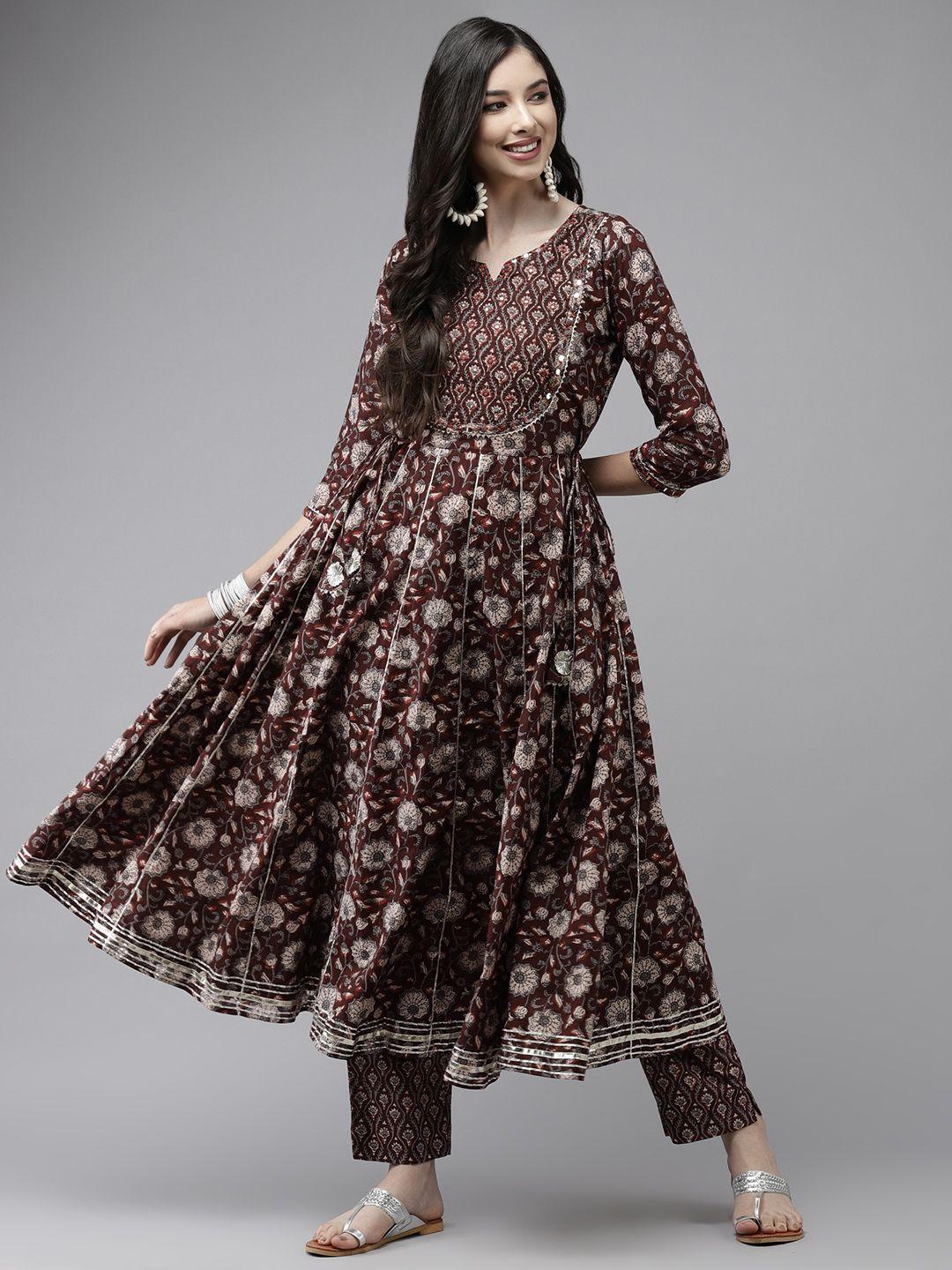 ishin women coffee brown & grey ethnic motifs printed panelled kurta with trousers