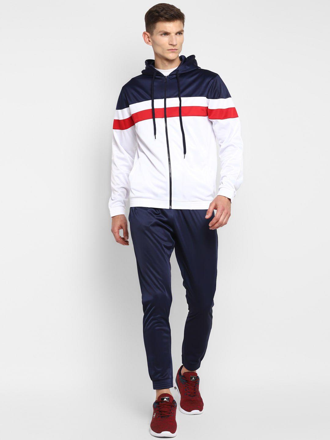 yuuki men navy blue & white colourblocked hooded tracksuit