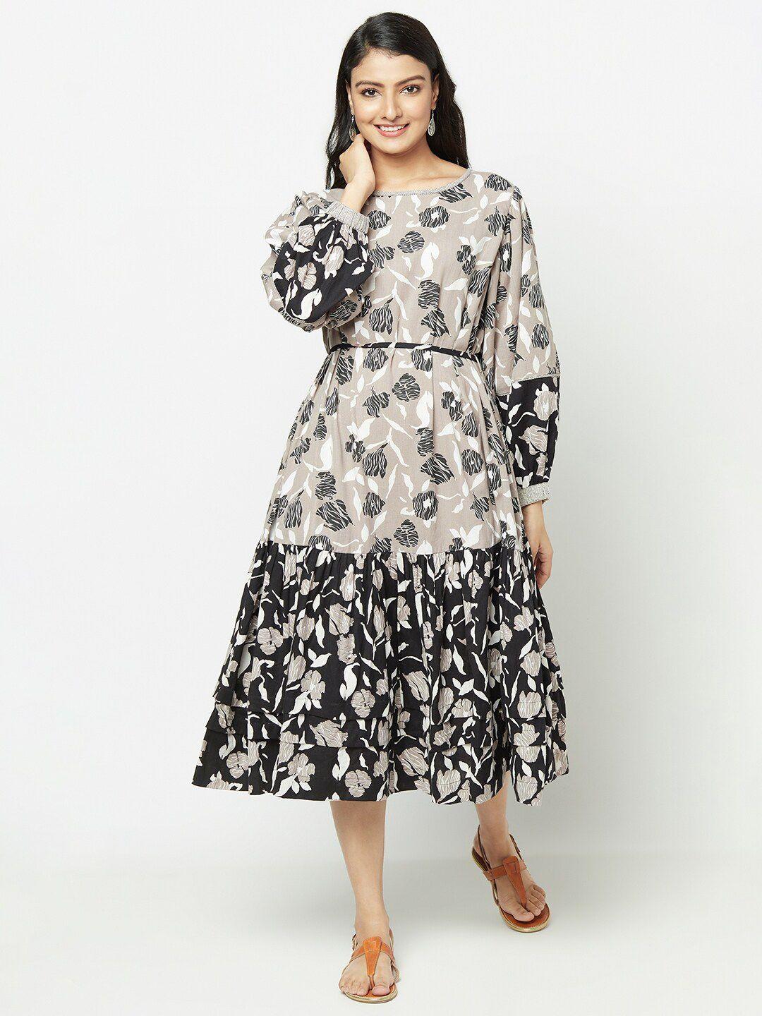 fabindia grey floral printed fit & flare midi dress